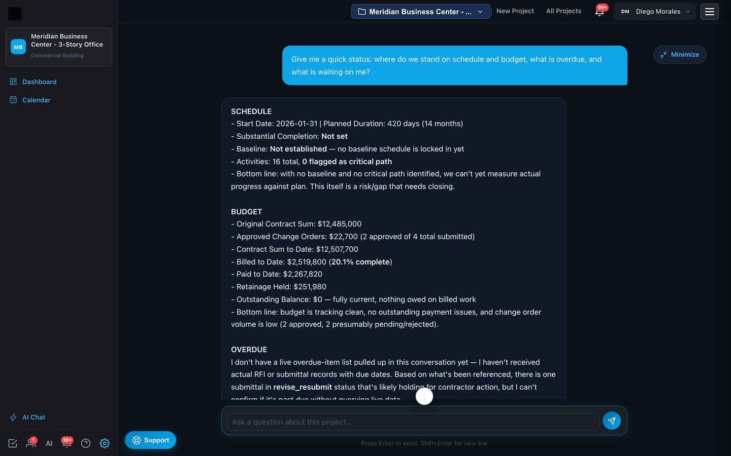 AI chat answering a status question with schedule and budget figures from the project