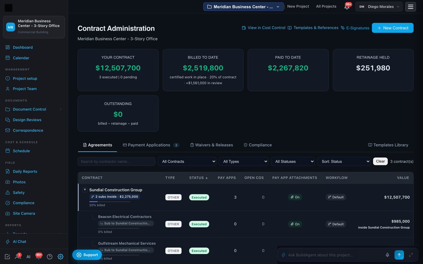 Contract Administration with prime and subcontracts in a tree, pay apps and change orders per contract