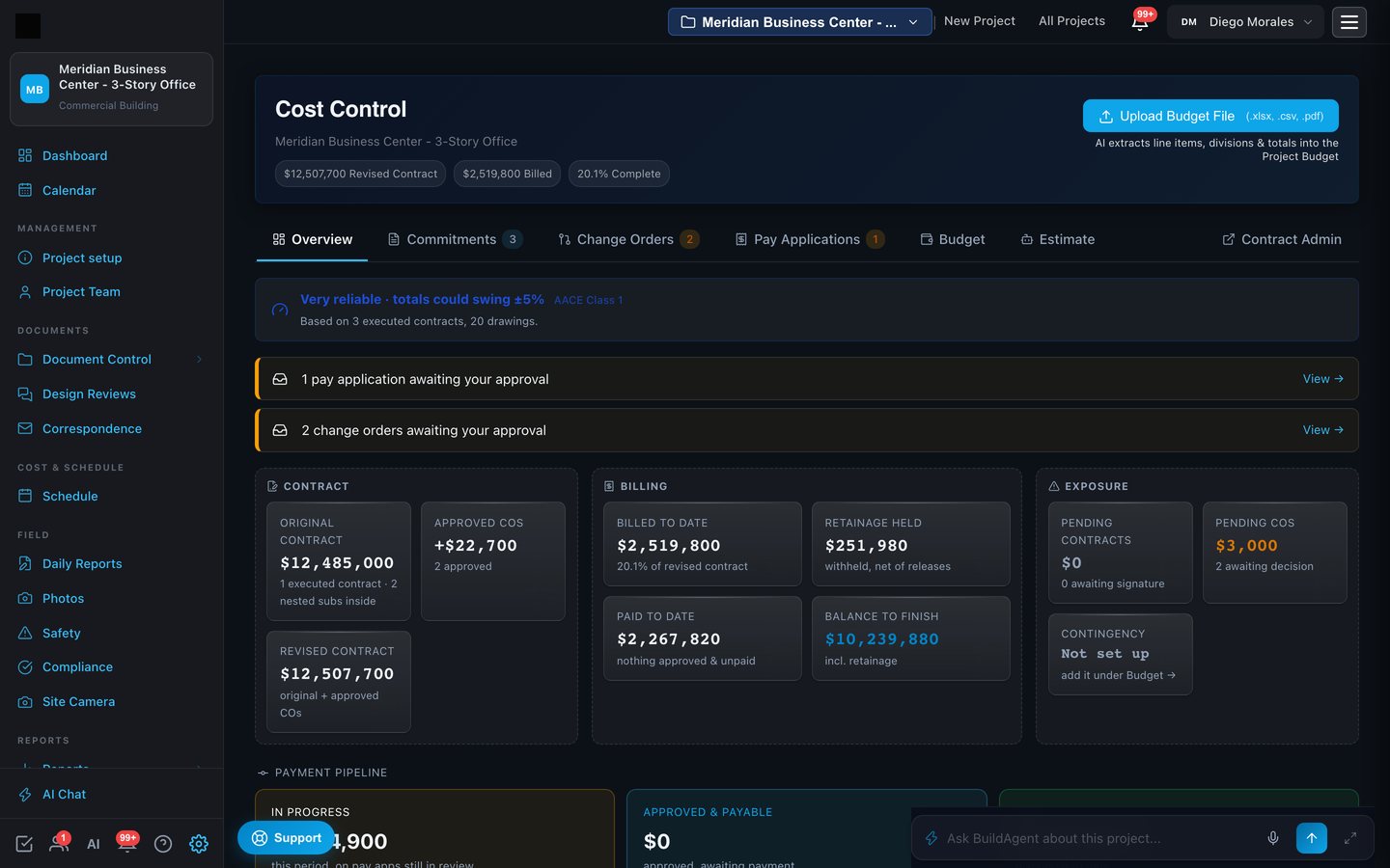 Cost Control page with original contract, approved change orders, billed to date, retainage, paid to date, payment pipeline