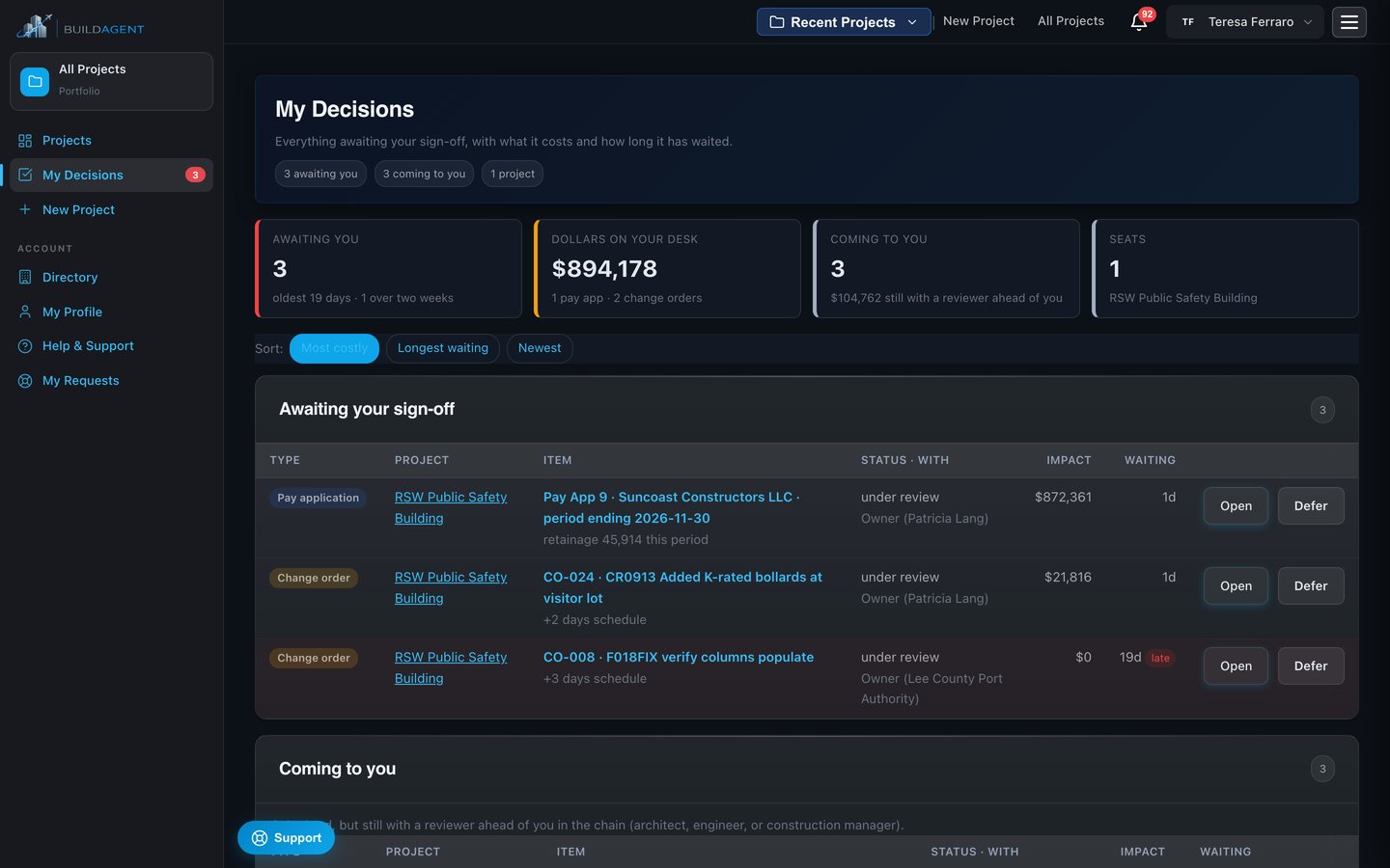 My Decisions cockpit showing items awaiting sign-off with dollar impact and waiting time