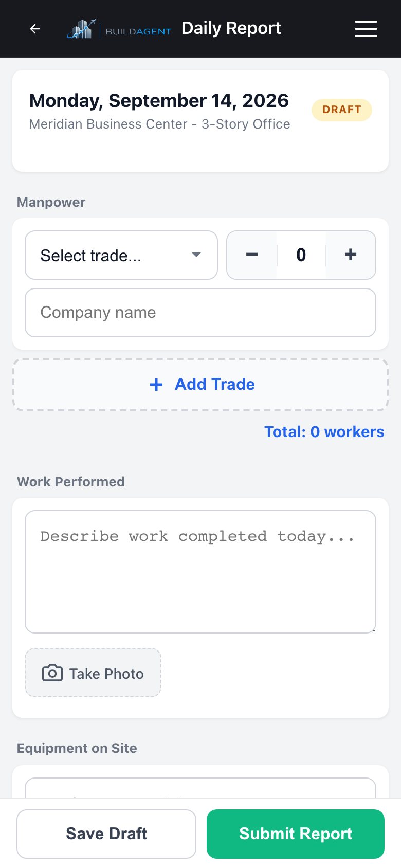 Mobile daily report form with manpower by trade, work performed and photo capture