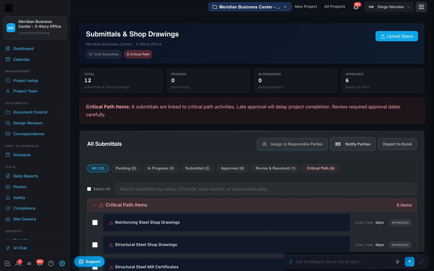 Submittals register with critical path items flagged, filters and review status